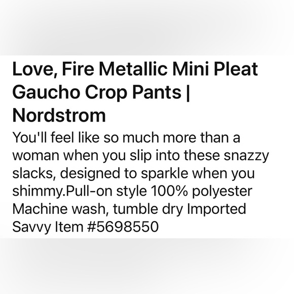 Love, Fire Metallic Mini Pleat Gaucho Crop Pants NWT size Large - Picture 3 of 4